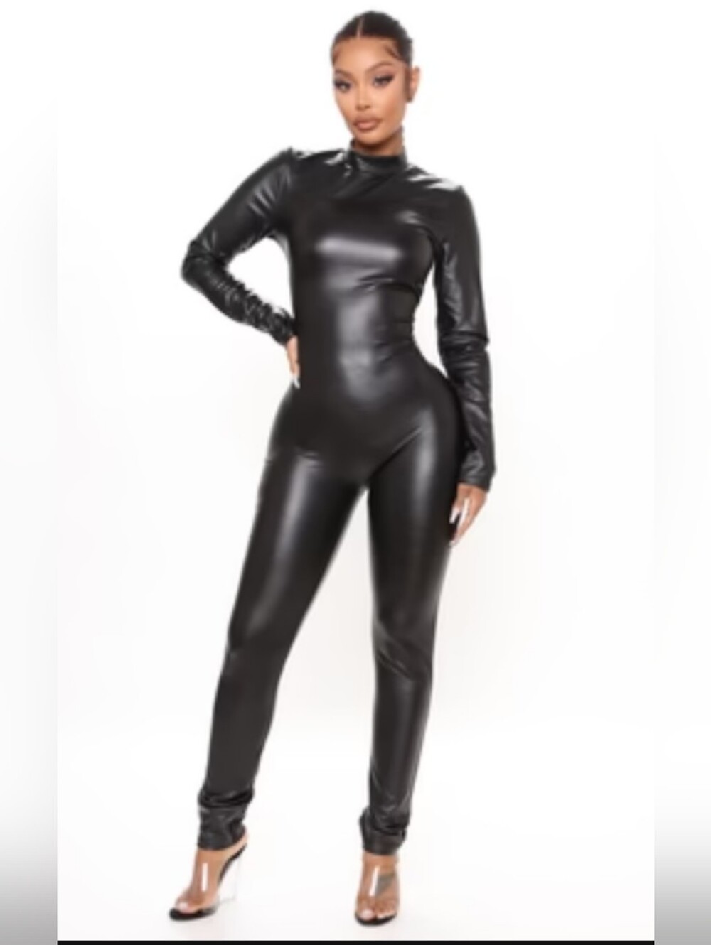 Fashion Nova Dangerous Seduction Black Faux Leather Jumpsuit (2021)